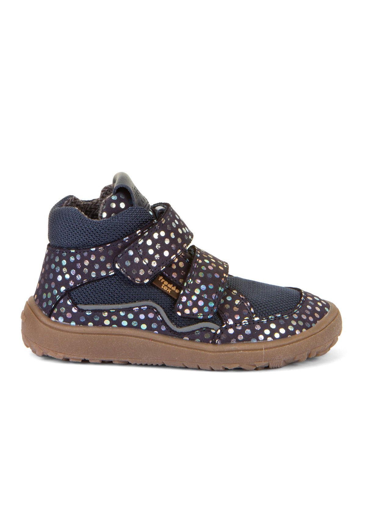 Barefoot sneakers with handles - mid-season shoes, Autumn-TEX, glitter on a dark blue base