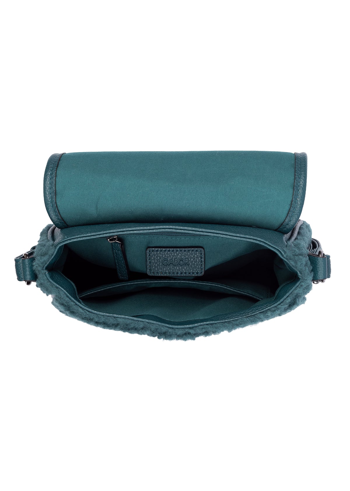 Naisten olkalaukku - petroolinvärinen teddykarva, Granada Fur Flap Bag