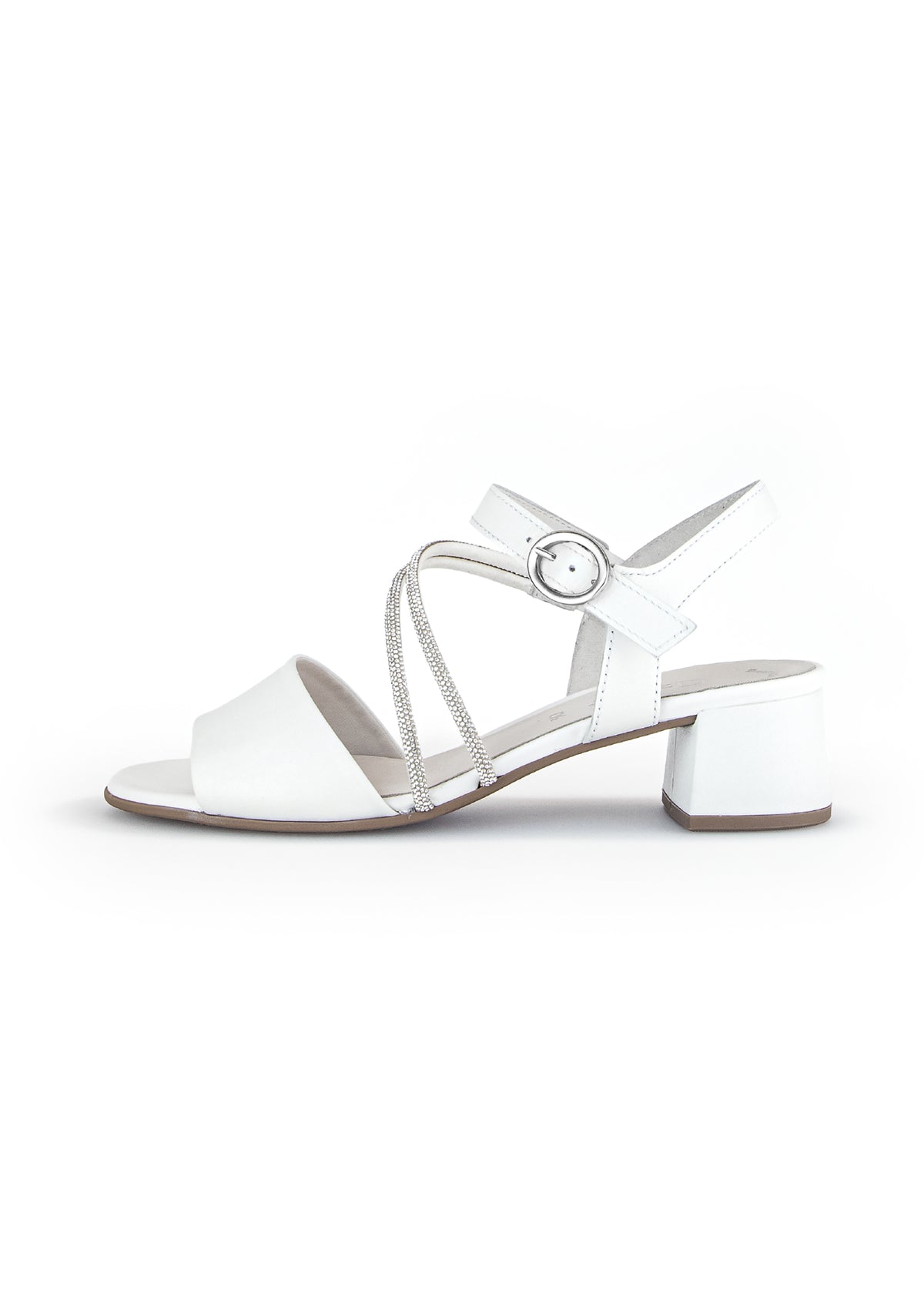 Festive sandals with studded heels - white leather, silver straps