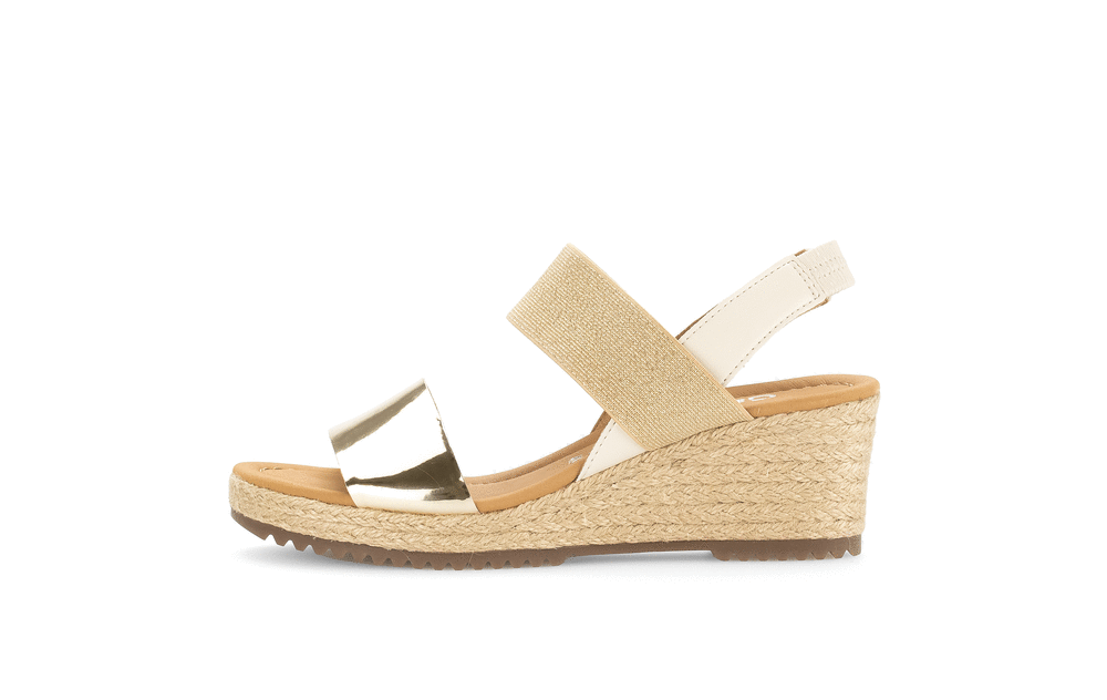 Sandals with a wedge heel - shiny gold and beige tones