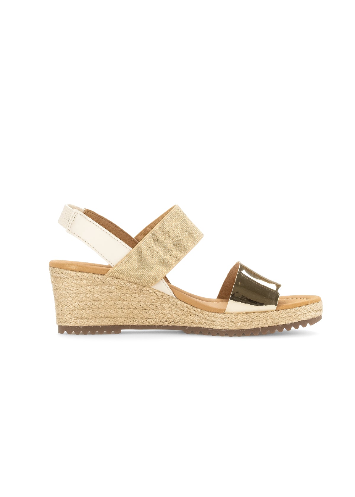 Sandals with a wedge heel - shiny gold and beige tones