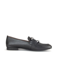 Loafers - black leather, silver buckle decoration