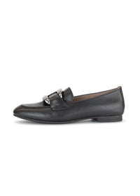 Loafers - black leather, silver buckle decoration