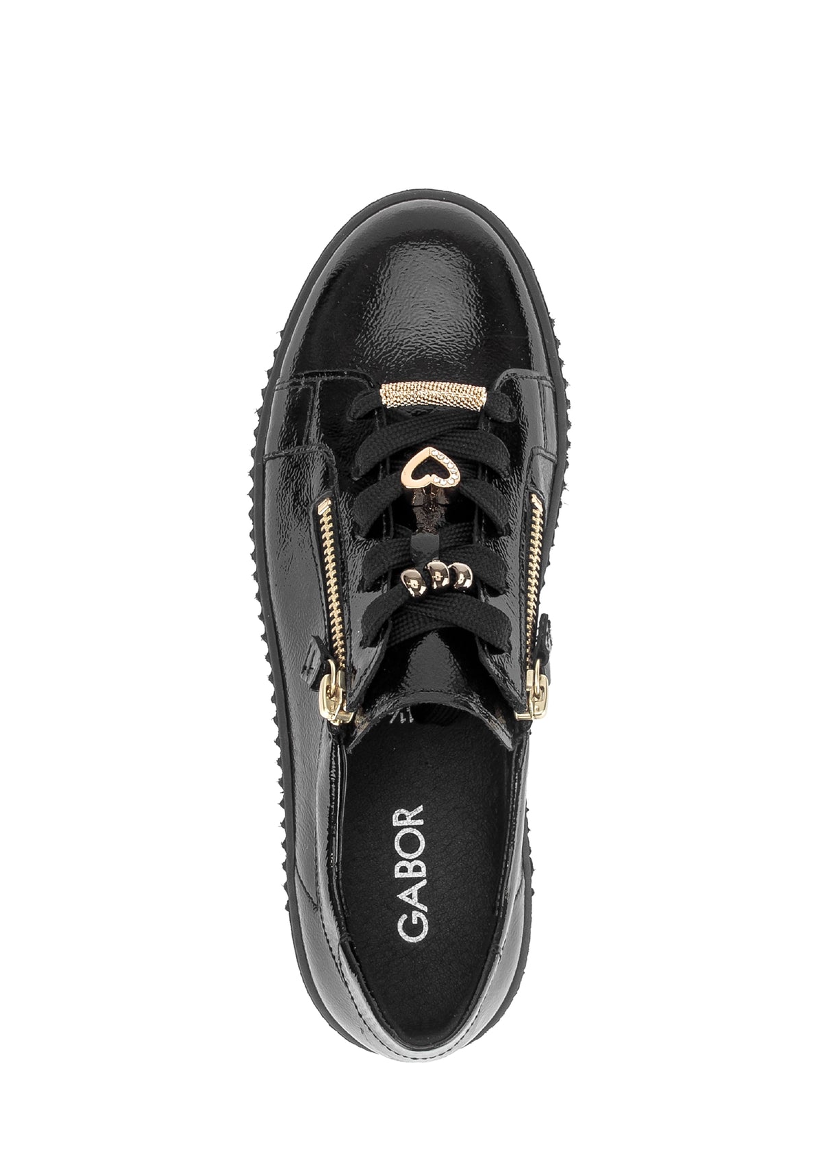 Sneakers med tjock sula – svart lackläder, guldfärgade detaljer