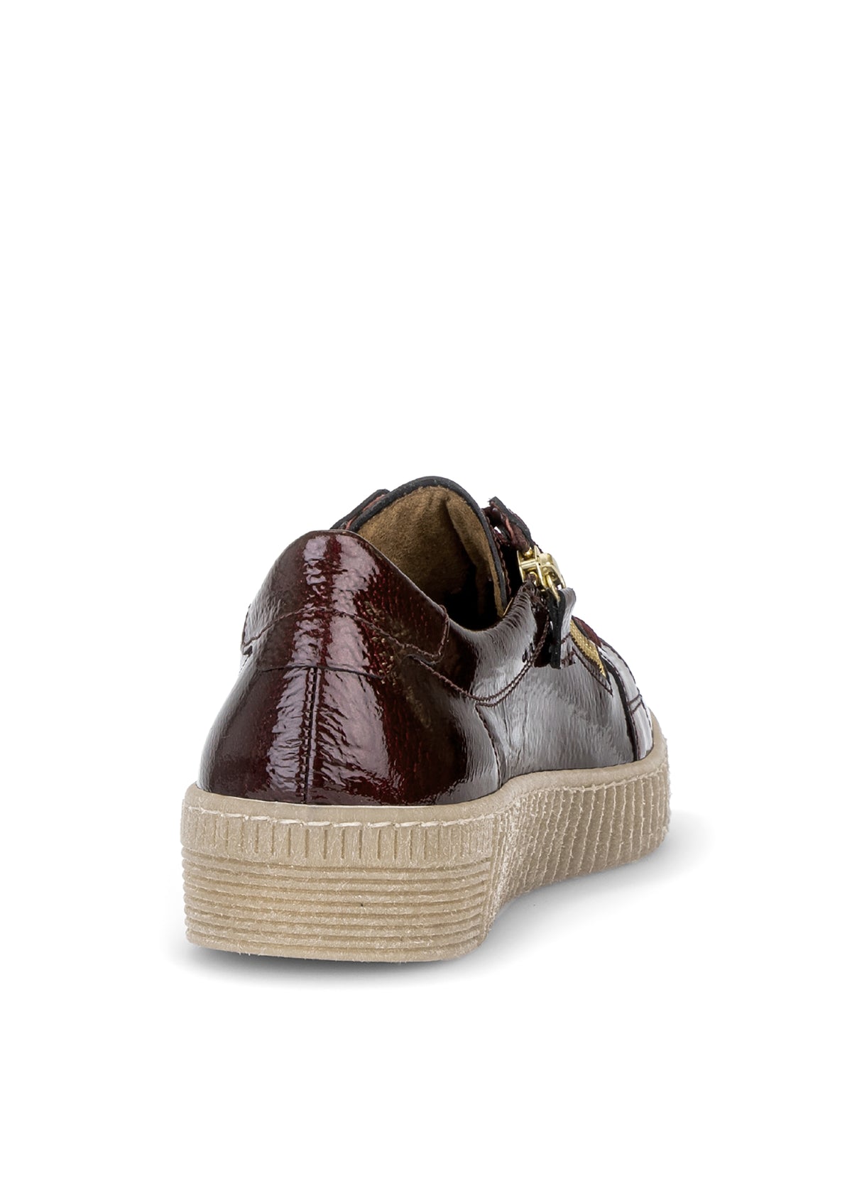 Sneakers med tjock sula – mörkrött lackläder, guldfärgade detaljer