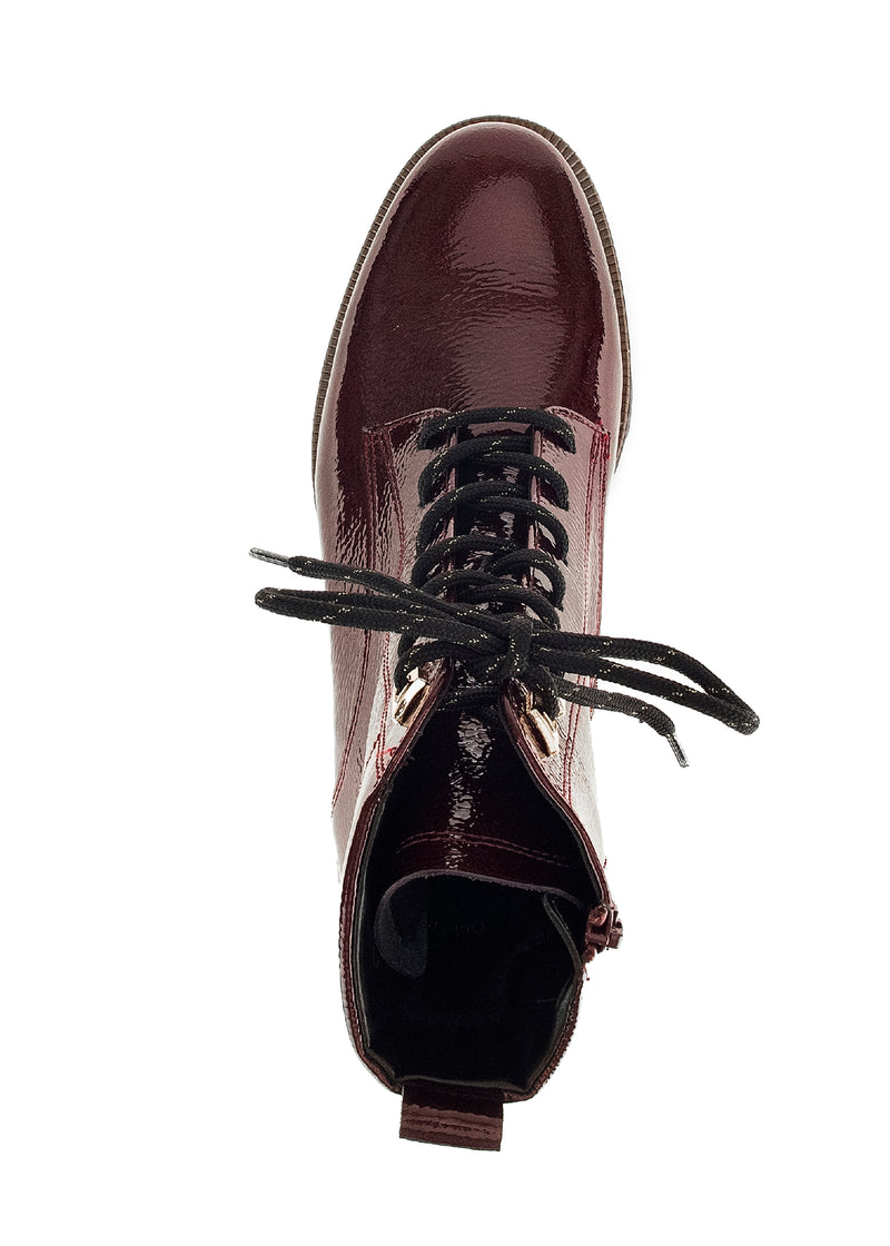Ankle boots - dark red patent leather, black-gold striped laces