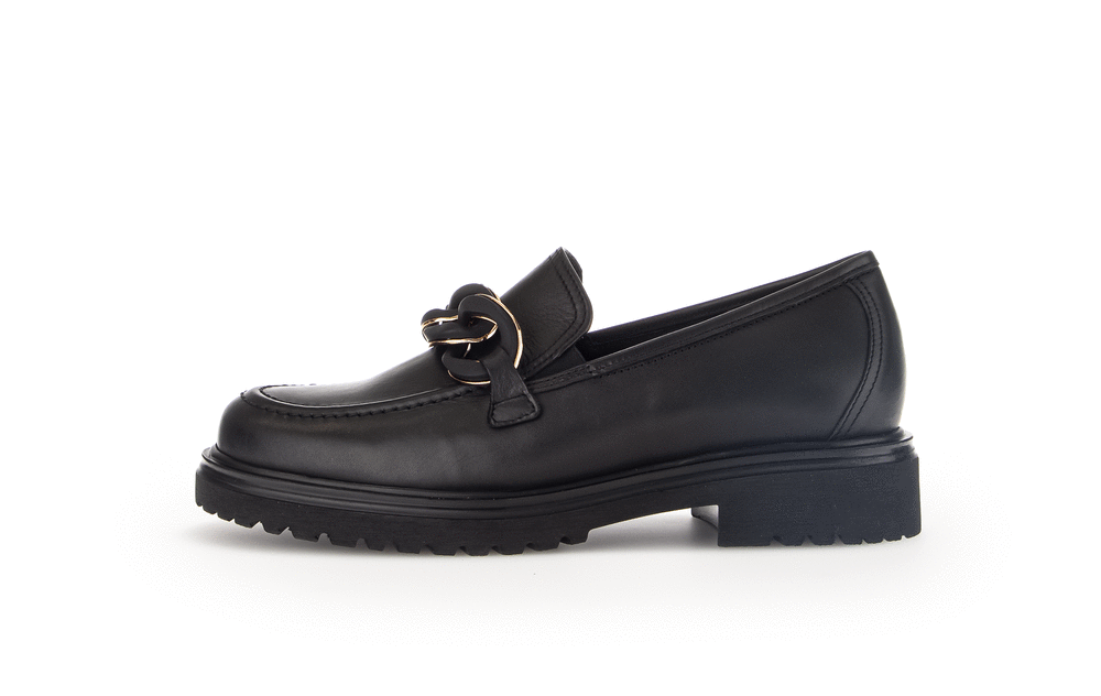 Loafers with thick sole - black leather, sneaker decoration