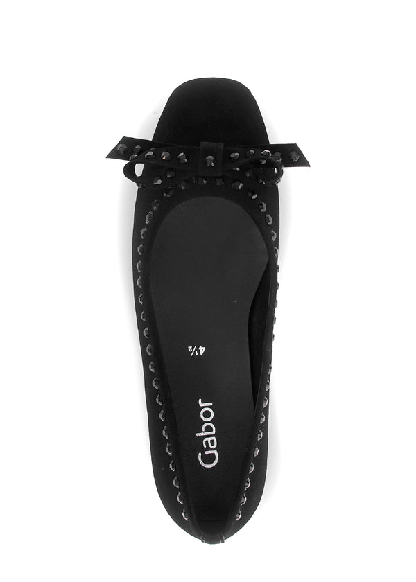 Ballerinaskor - svart läder, rosett- och nitsmycken