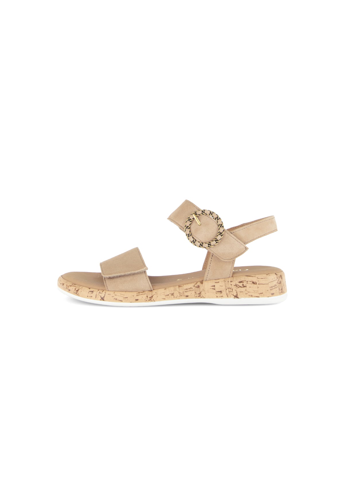 Sandaletter med låg kilklack - beige läder, kardborreband, dekorativ spänne