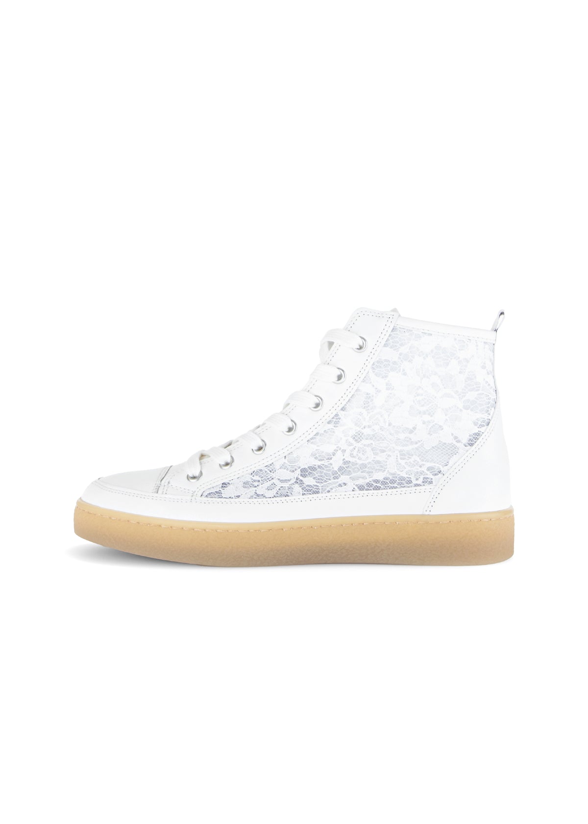 Varrelliset pitsitennarit - valkoinen nahka ja pitsikangas