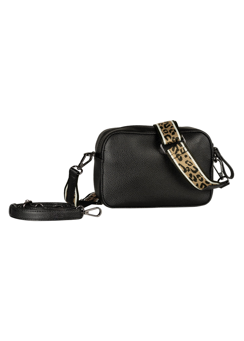 Women's small shoulder bag - Silena, black, leopard print shoulder strap