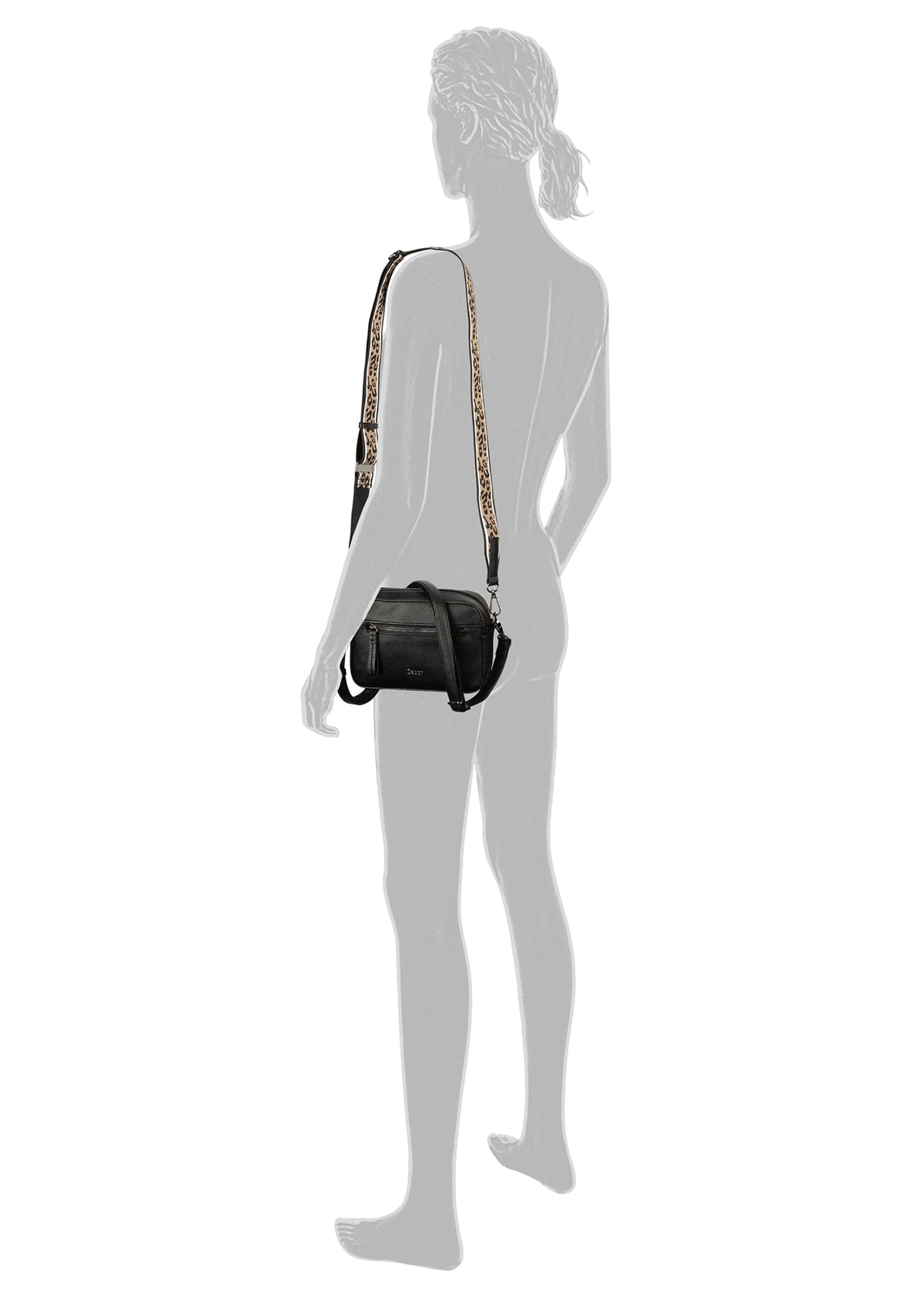 Naisten pieni olkalaukku - Silena, musta, leopardikuvioinen olkahihna