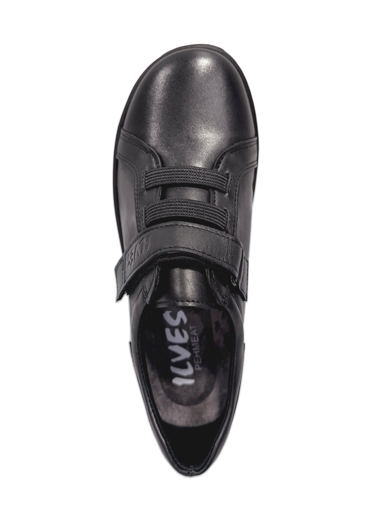 Promenadskor - svart läder, bred läst, kardborreband och elastiska band