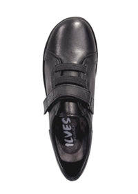 Promenadskor - svart läder, bred läst, kardborreband och elastiska band