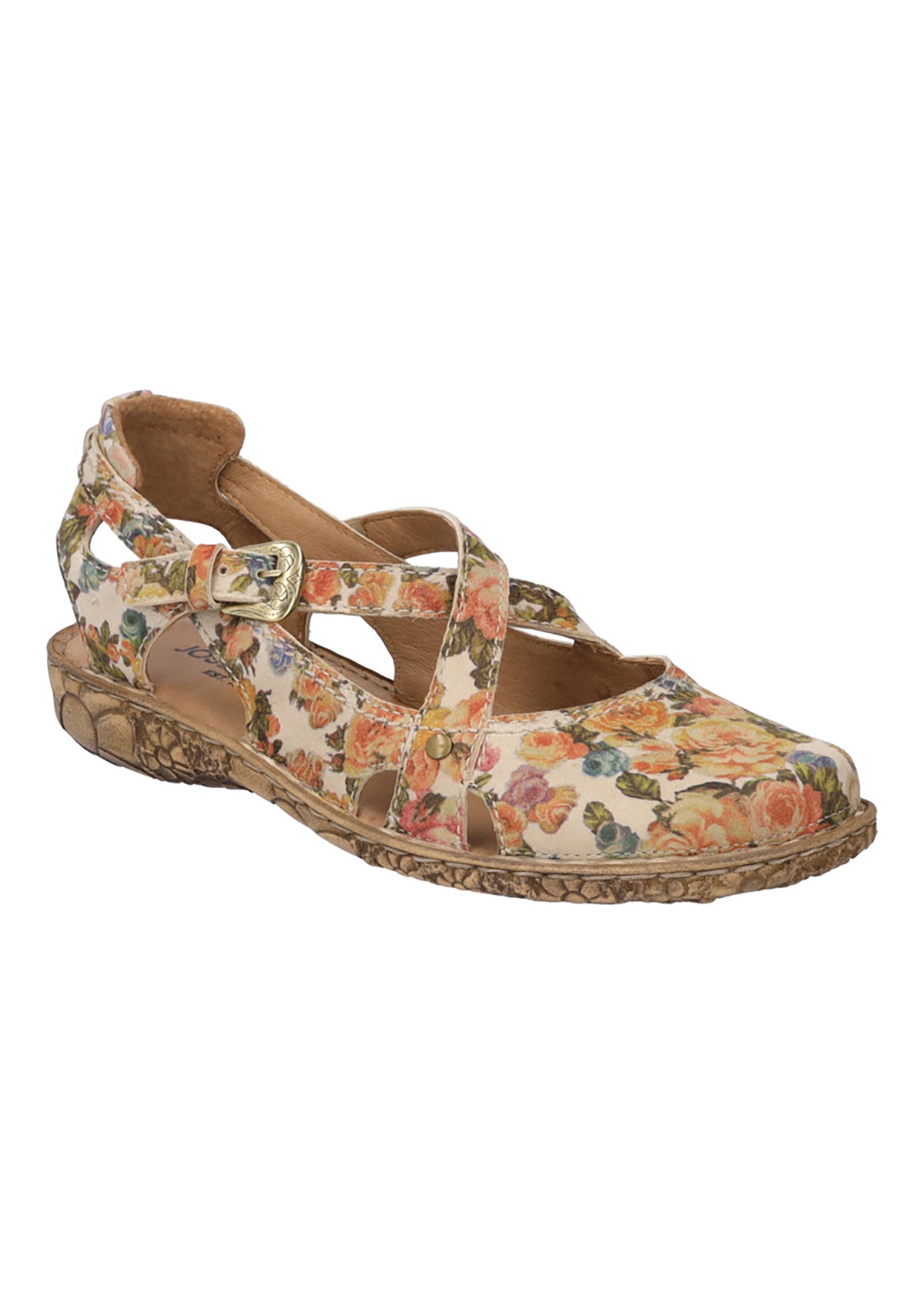 Closed Toe Sandals - Light Tone Floral Patterned Leather, Rosalie 13
