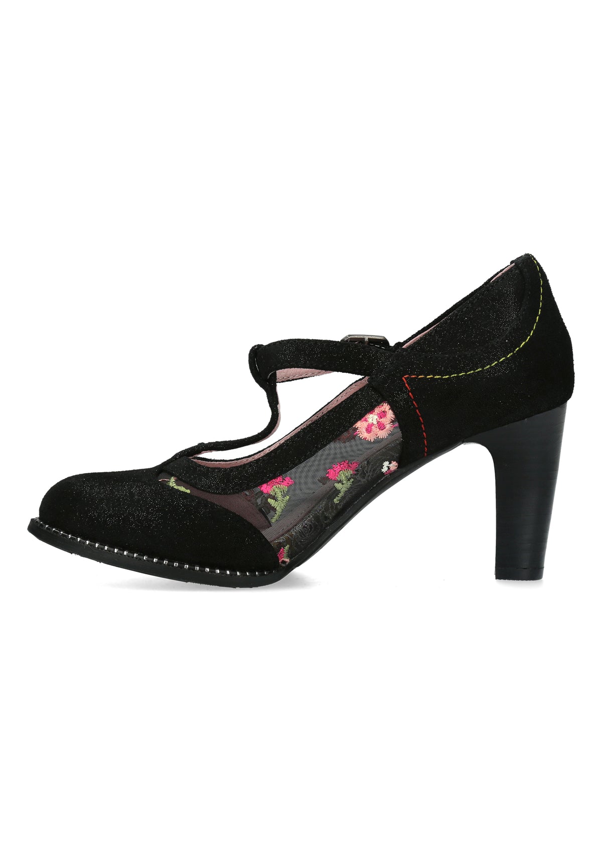 High heels with strap - Alcbaneo 04, black leather, floral fabric