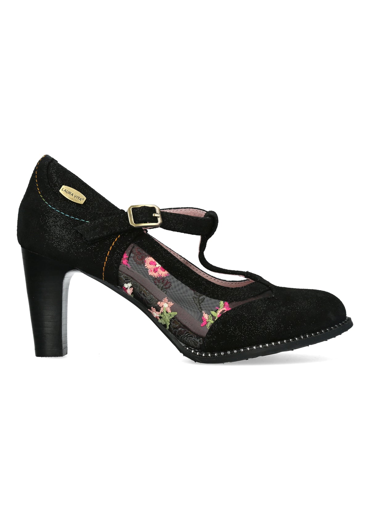 High heels with strap - Alcbaneo 04, black leather, floral fabric