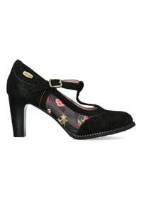 High heels with strap - Alcbaneo 04, black leather, floral fabric