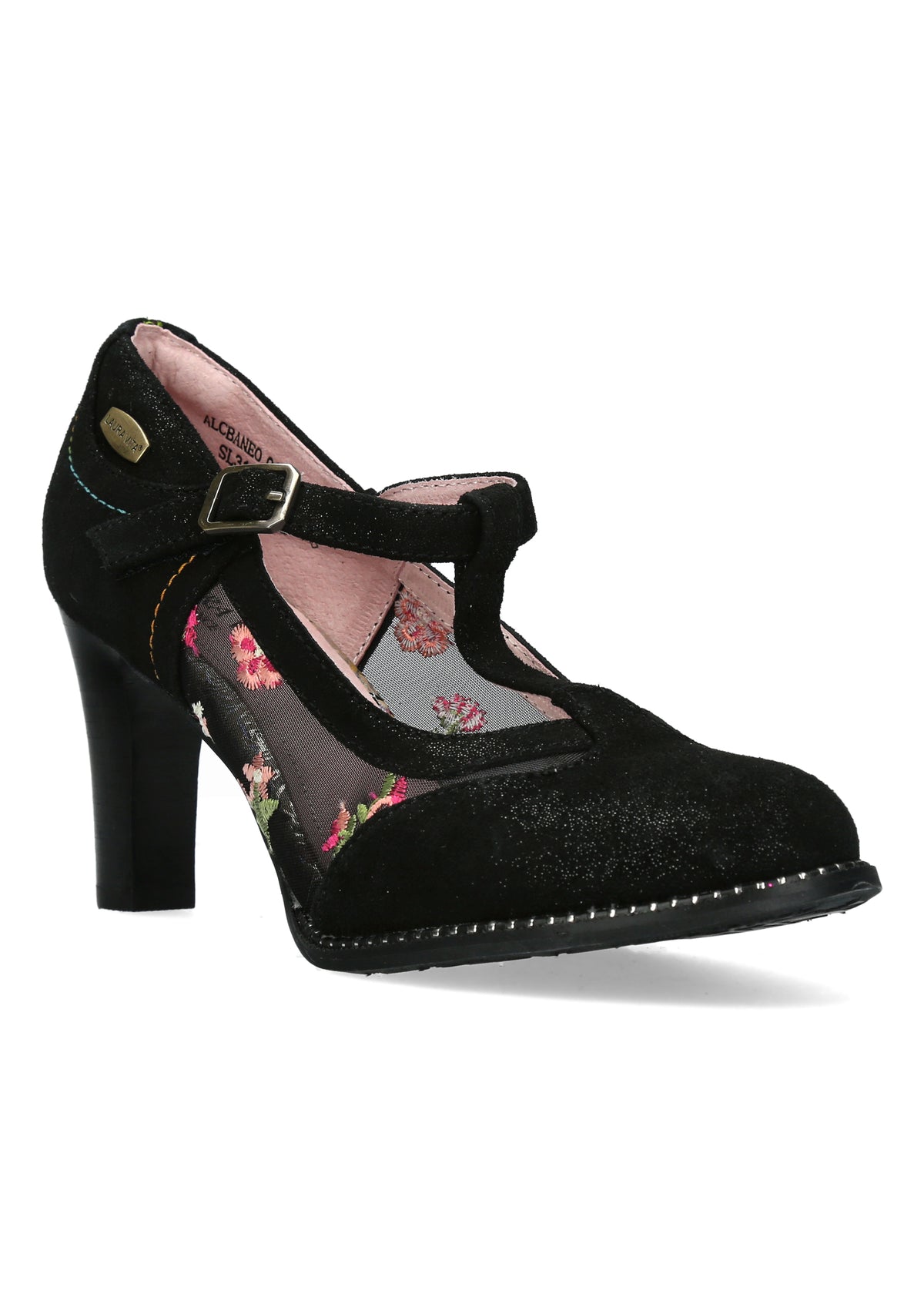 High heels with strap - Alcbaneo 04, black leather, floral fabric
