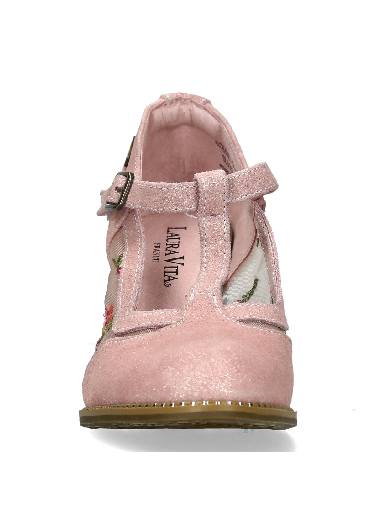 High heels with strap - Alcbaneo 04, powder-toned leather, floral fabric