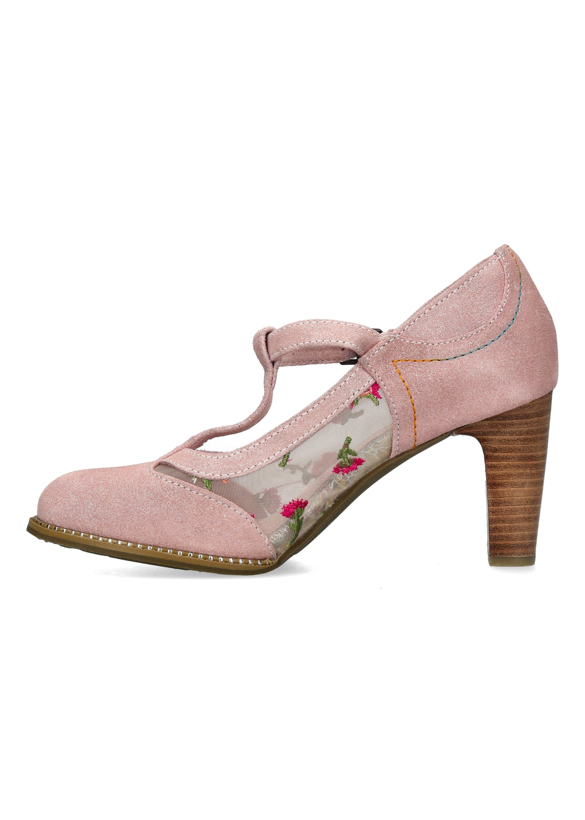 High heels with strap - Alcbaneo 04, powder-toned leather, floral fabric