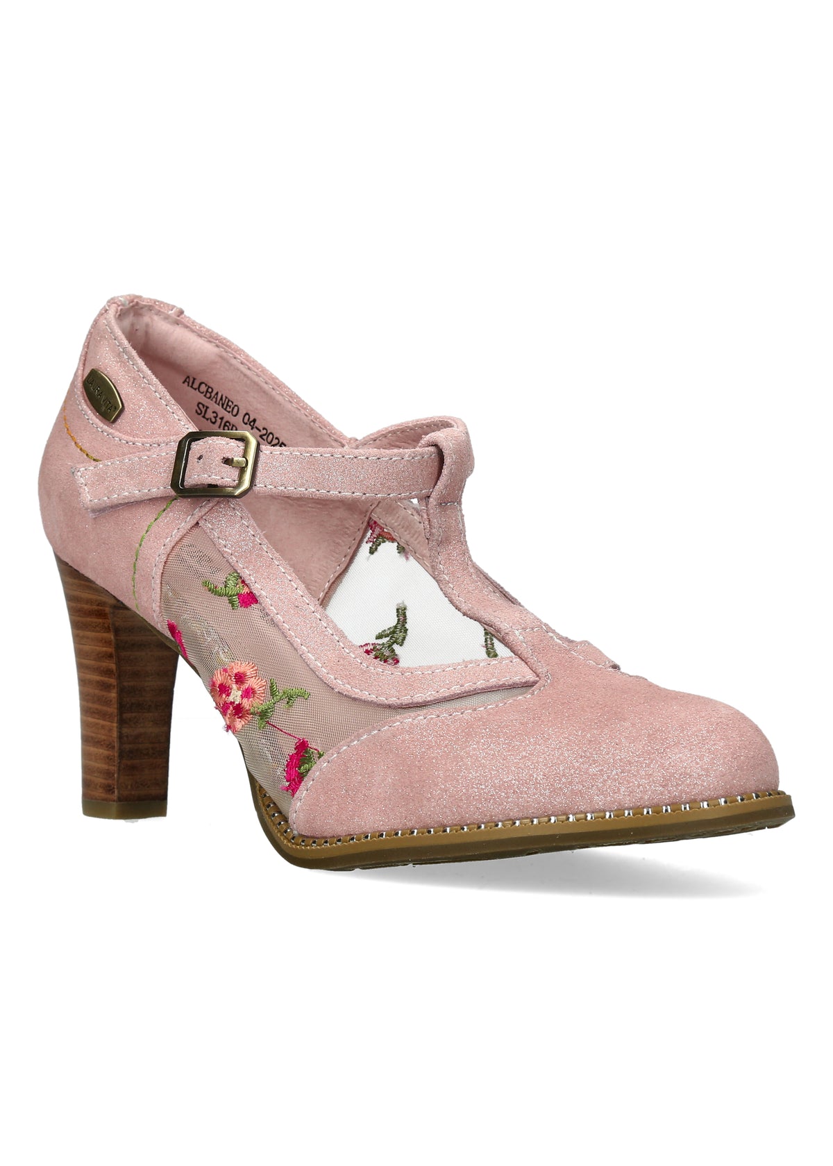 High heels with strap - Alcbaneo 04, powder-toned leather, floral fabric