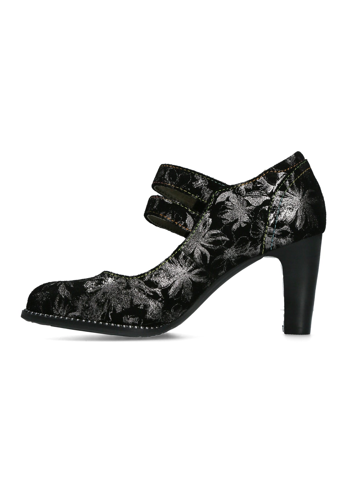 High heels with double straps - black and silver pattern