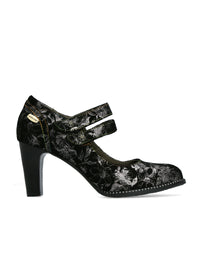 High heels with double straps - black and silver pattern