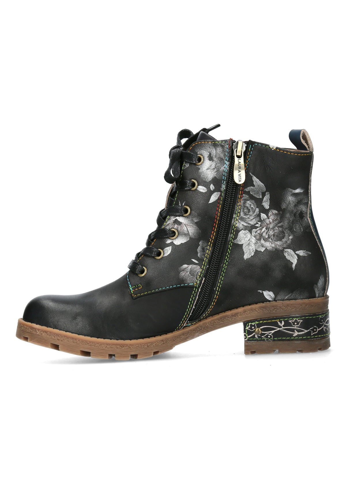 Ankle boots with military sole - Cocrailo 47, black leather, gray bow decorations