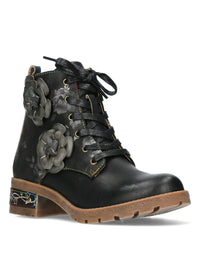 Ankle boots with military sole - Cocrailo 47, black leather, gray bow decorations