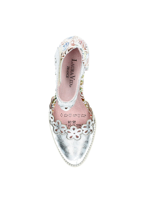High heels with strap - Eloiseo 34, silver and multicolored leather, transparent heel