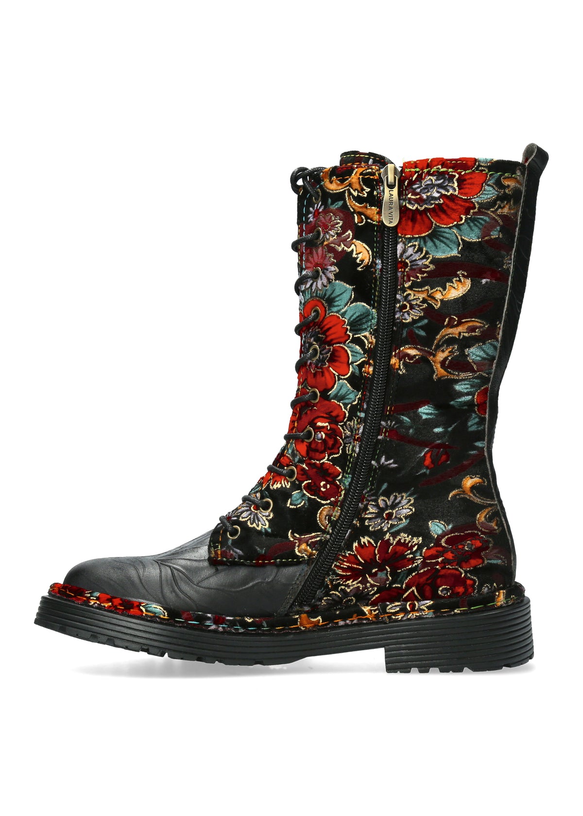 Long shaft boots - Incaso 18, black leather, floral fabric
