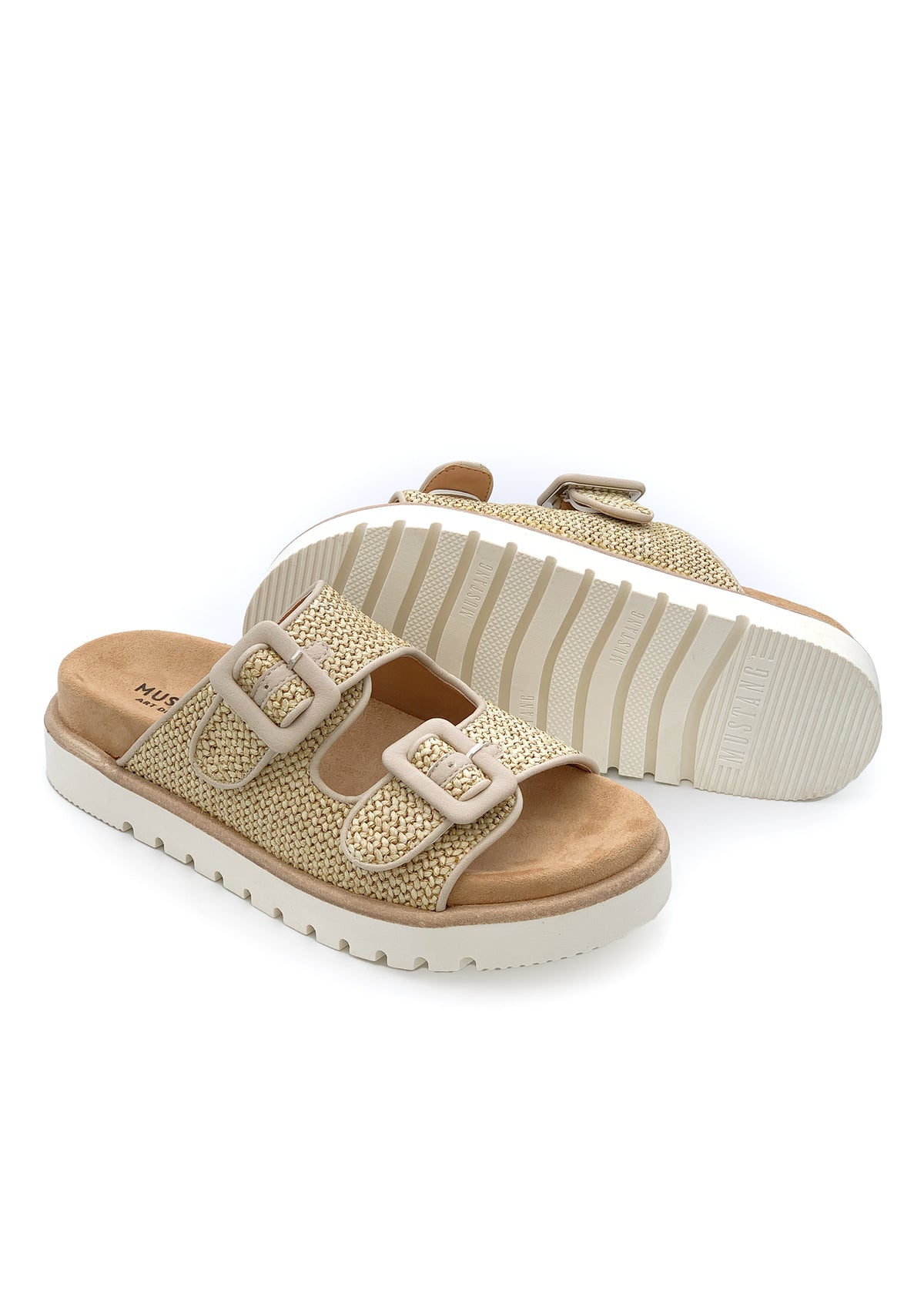 Stiletto sandals with a thicker sole - beige knitted surface