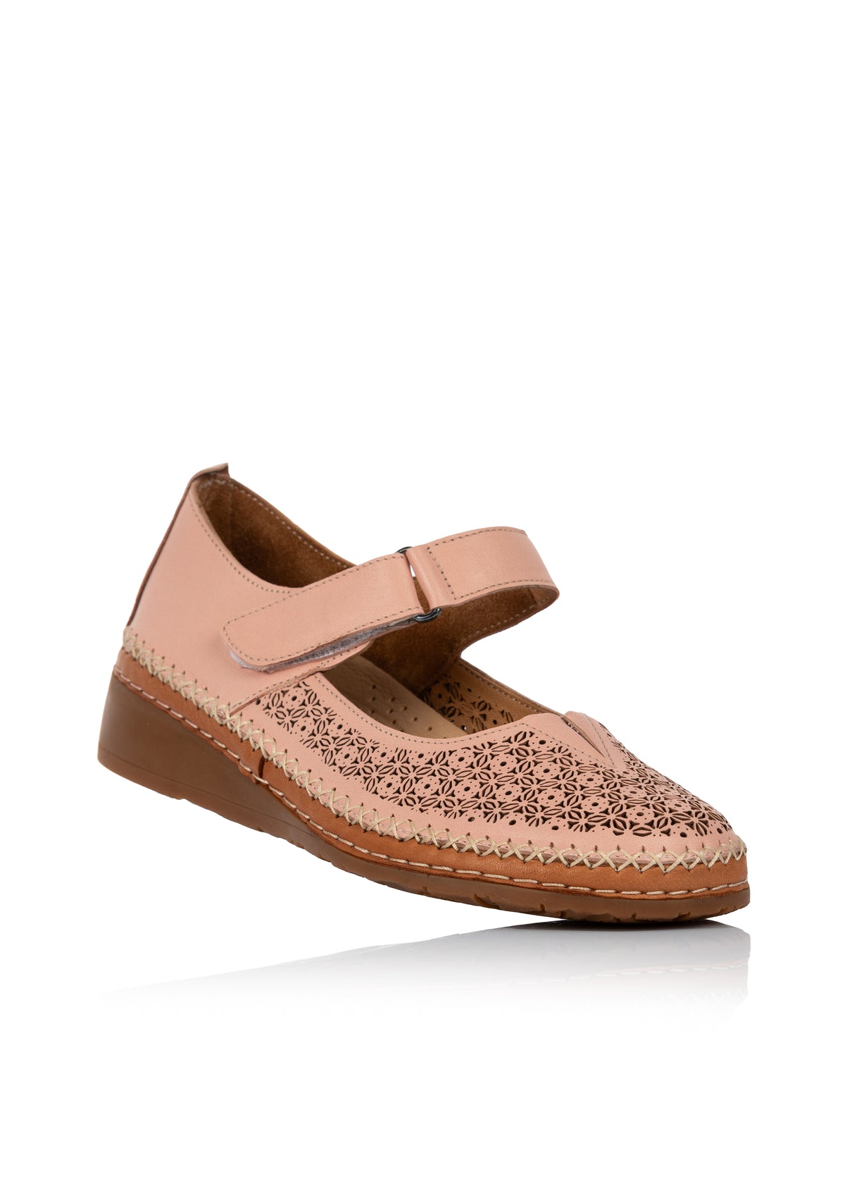 Ballerinaskor med kardborreband - Andrea, puderfärgat perforerat läder