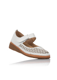 Ballerinaskor med kardborreband - Andrea, vitt perforerat läder