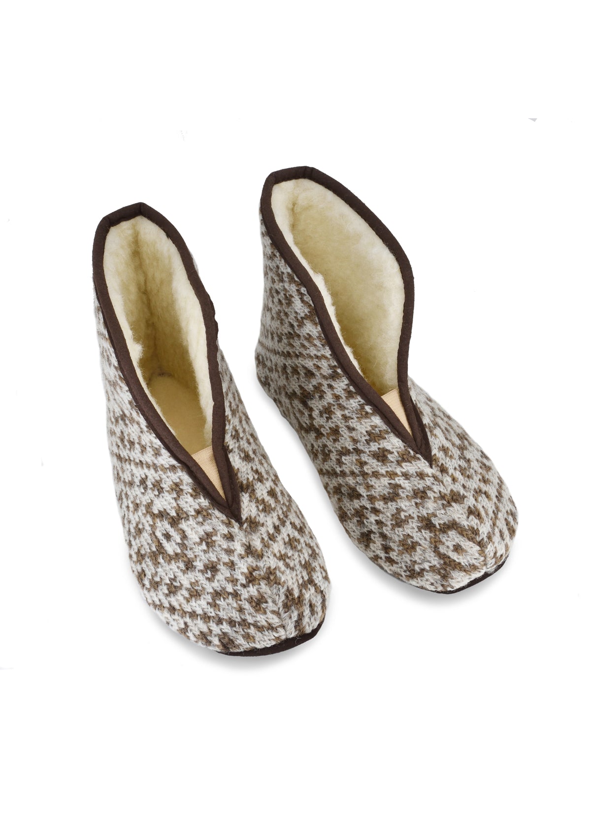 Trolla-villatohvelit - ruskea kuvio, lampaanvillavuori