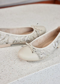 Ballerina shoes - beige, floral patterns, bow decoration