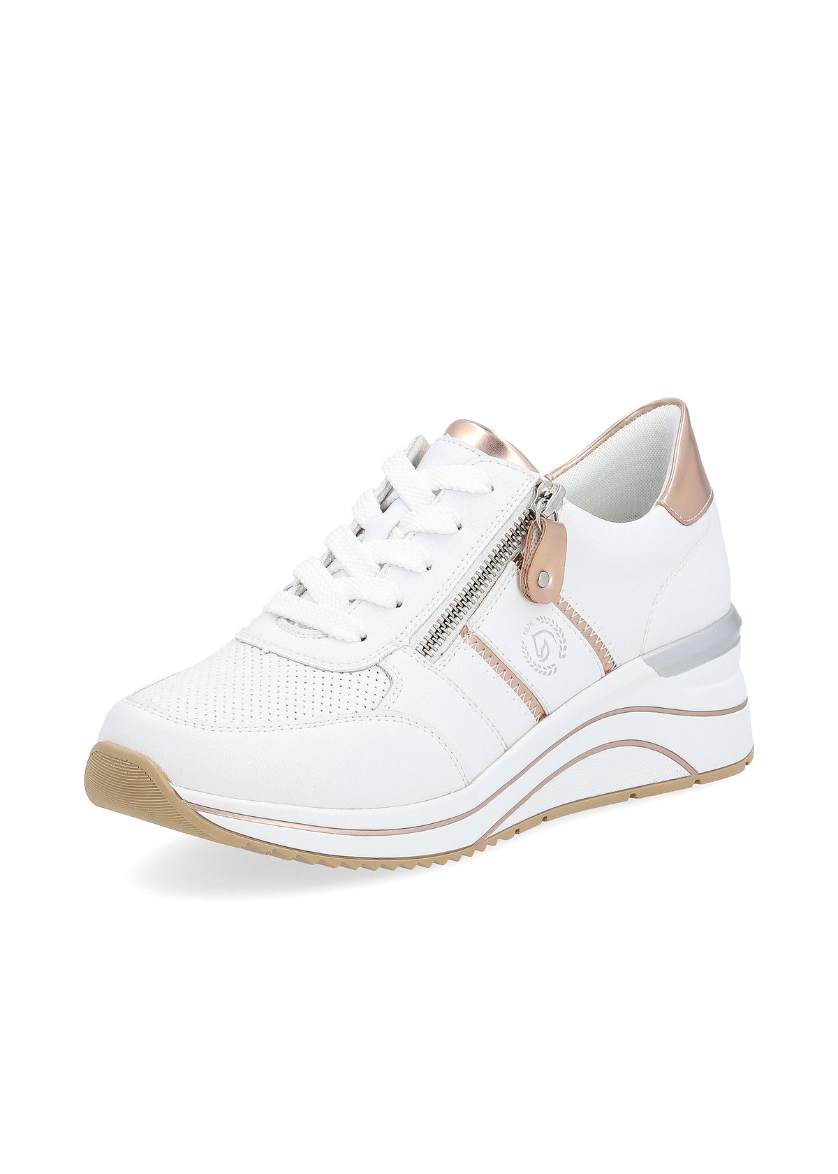 Sneakers med wedge-sula - vita, kopparfärgade detaljer