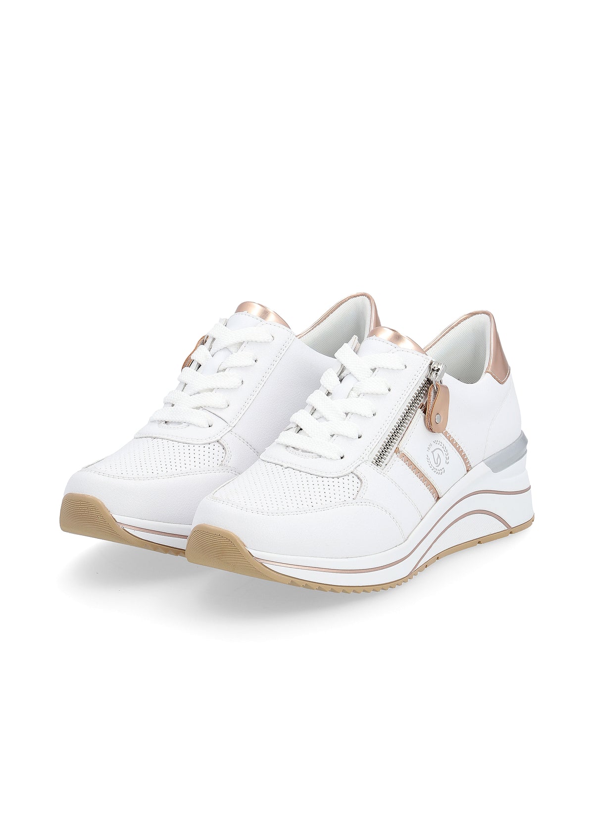 Sneakers with a wedge sole - white, copper-colored details