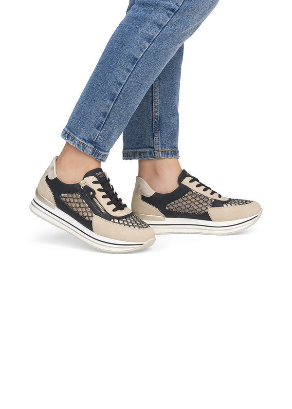 Sneakers med tjock sula - beige-svart, genomskinliga spetsdetaljer på sidorna