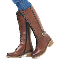 Boots with a low stiletto heel - brown, laces, SM shaft