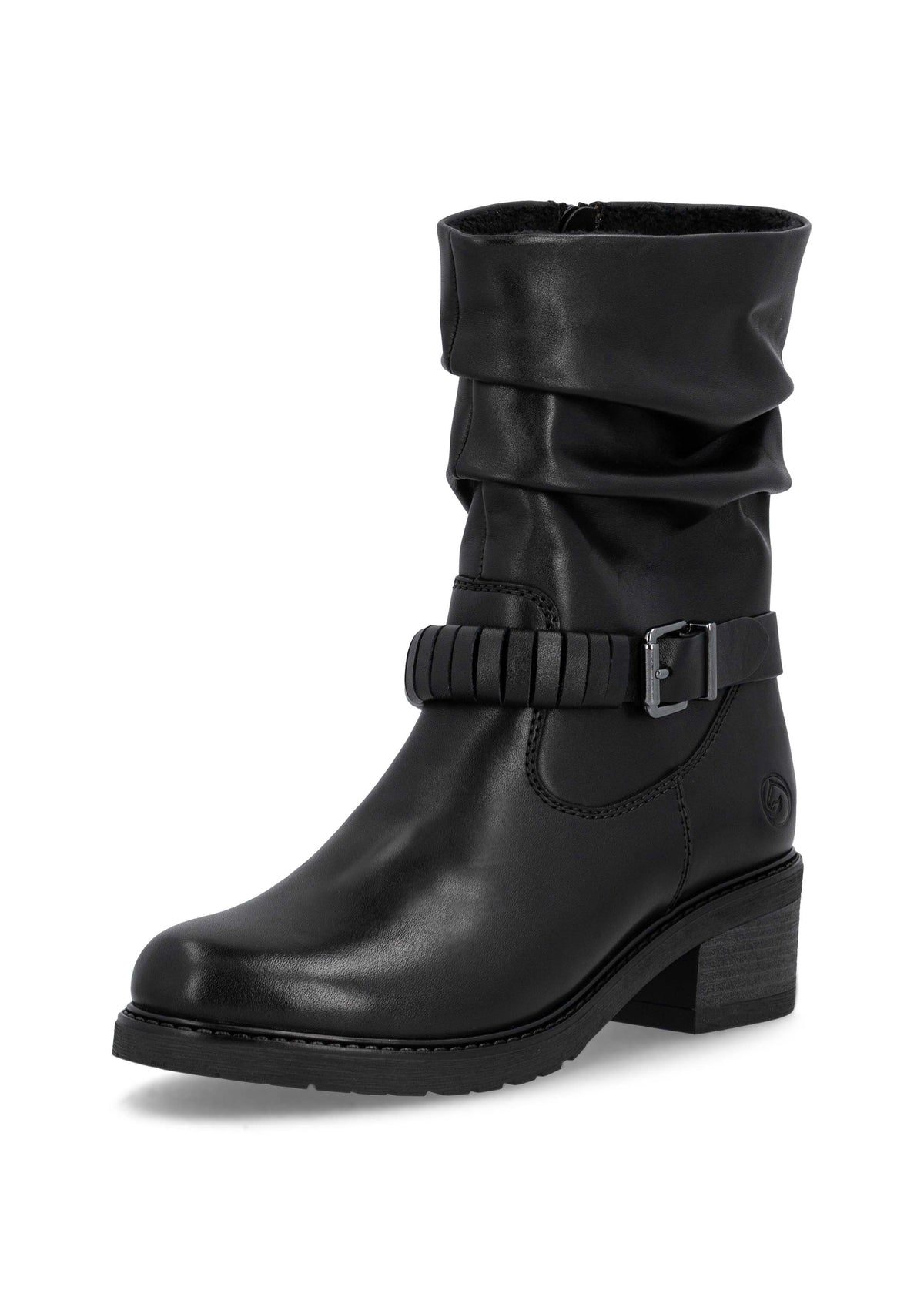 Talvisaapikkaat tolppakorolla - musta nahka, rypytetty varsi, remmikoriste