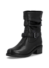 Talvisaapikkaat tolppakorolla - musta nahka, rypytetty varsi, remmikoriste