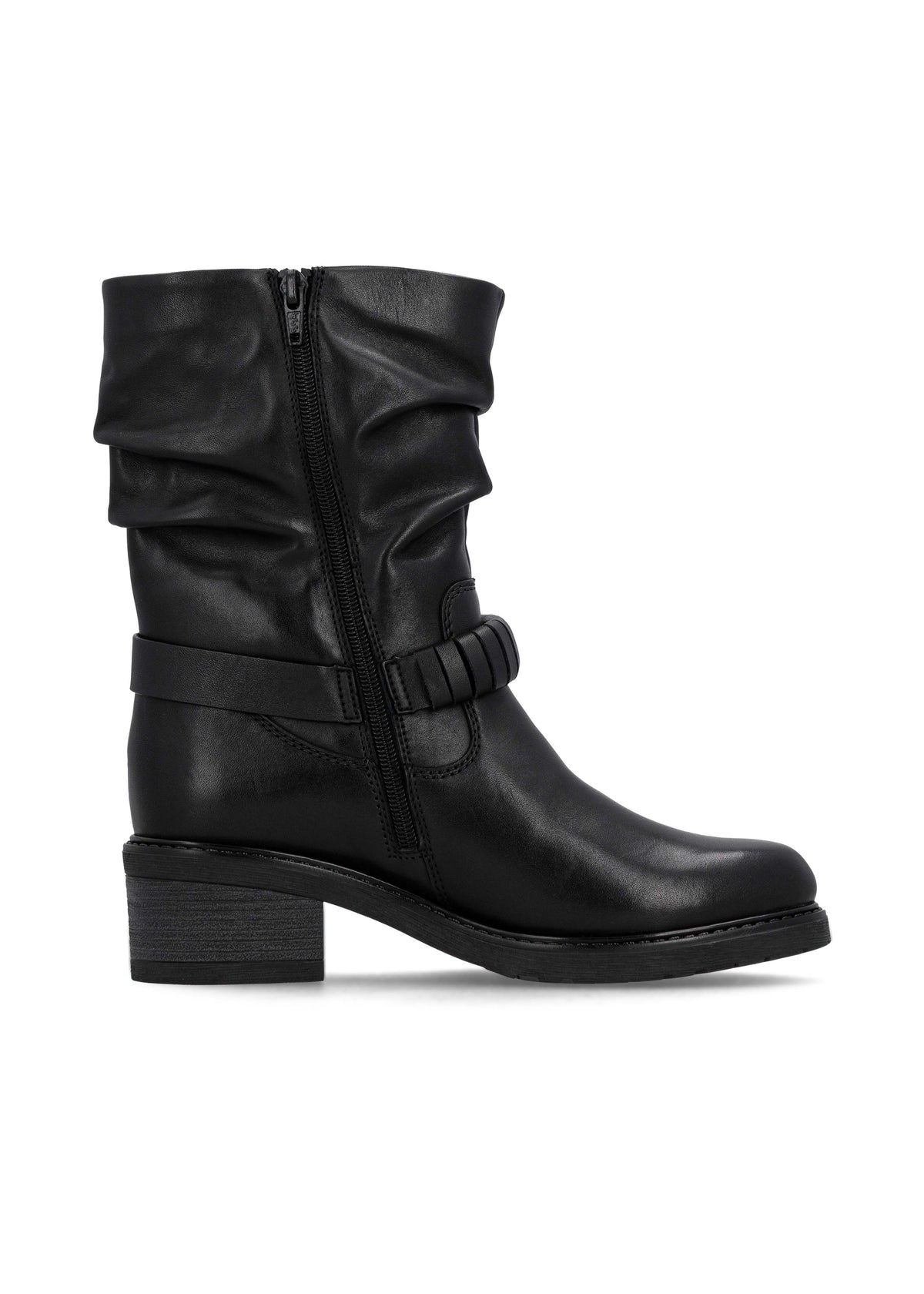 Talvisaapikkaat tolppakorolla - musta nahka, rypytetty varsi, remmikoriste