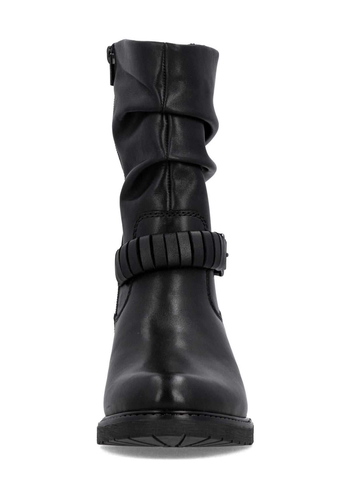 Talvisaapikkaat tolppakorolla - musta nahka, rypytetty varsi, remmikoriste