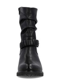 Talvisaapikkaat tolppakorolla - musta nahka, rypytetty varsi, remmikoriste