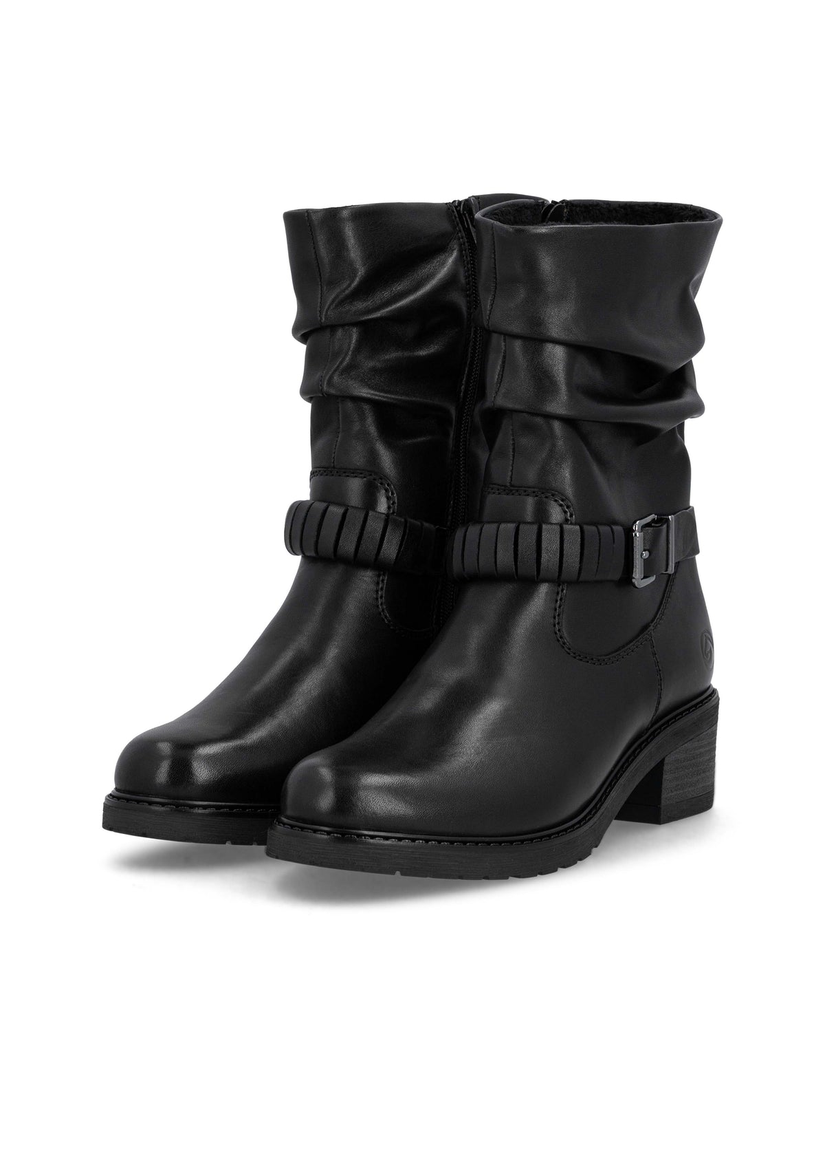 Talvisaapikkaat tolppakorolla - musta nahka, rypytetty varsi, remmikoriste