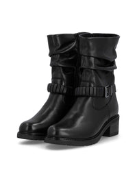 Talvisaapikkaat tolppakorolla - musta nahka, rypytetty varsi, remmikoriste