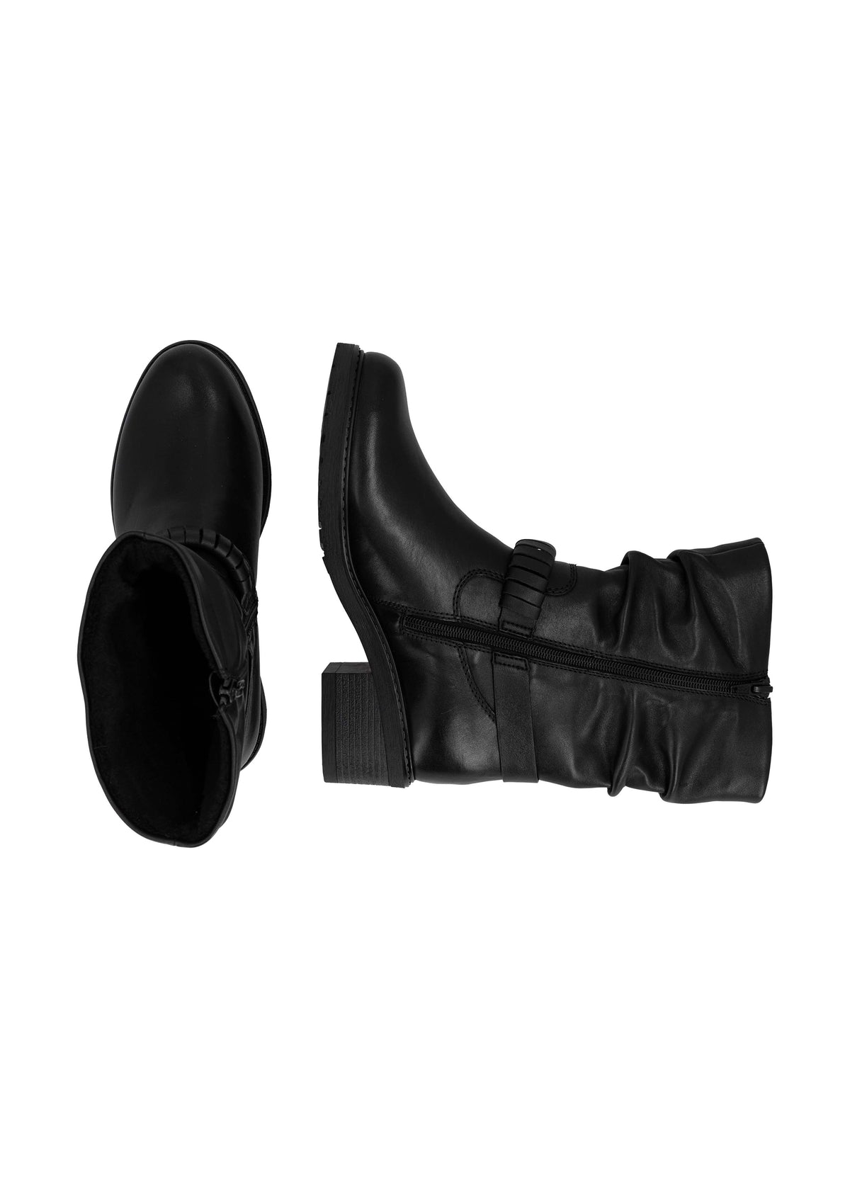 Talvisaapikkaat tolppakorolla - musta nahka, rypytetty varsi, remmikoriste