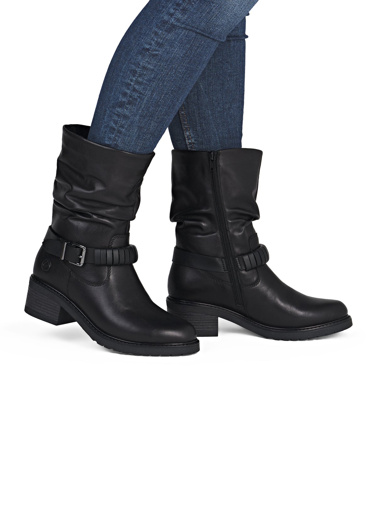 Talvisaapikkaat tolppakorolla - musta nahka, rypytetty varsi, remmikoriste